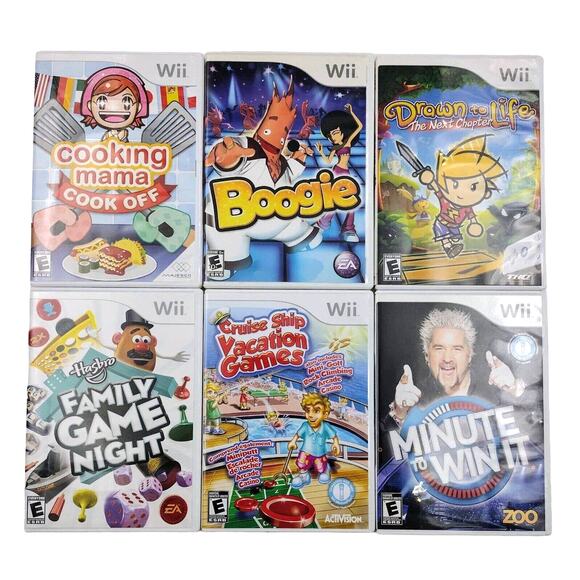 Wii 6 Game Lot Cooking Mama Boogie Drawn to Life Family Game Night Minute to Win